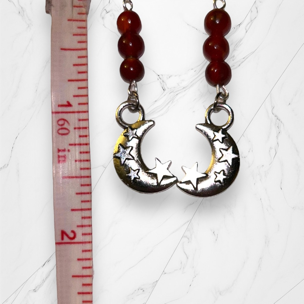 Hand Crafted Earrings Red Agate Moon & Star Dangle Pierced Silver Statem… - Picture 5 of 5